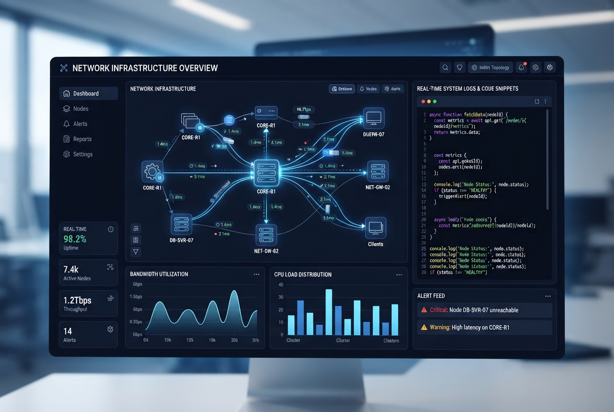 Isometric illustration of a web application connected to a cluster of servers