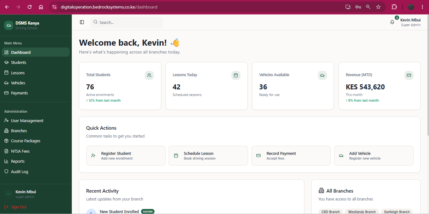 Driving School Management System interface screenshot