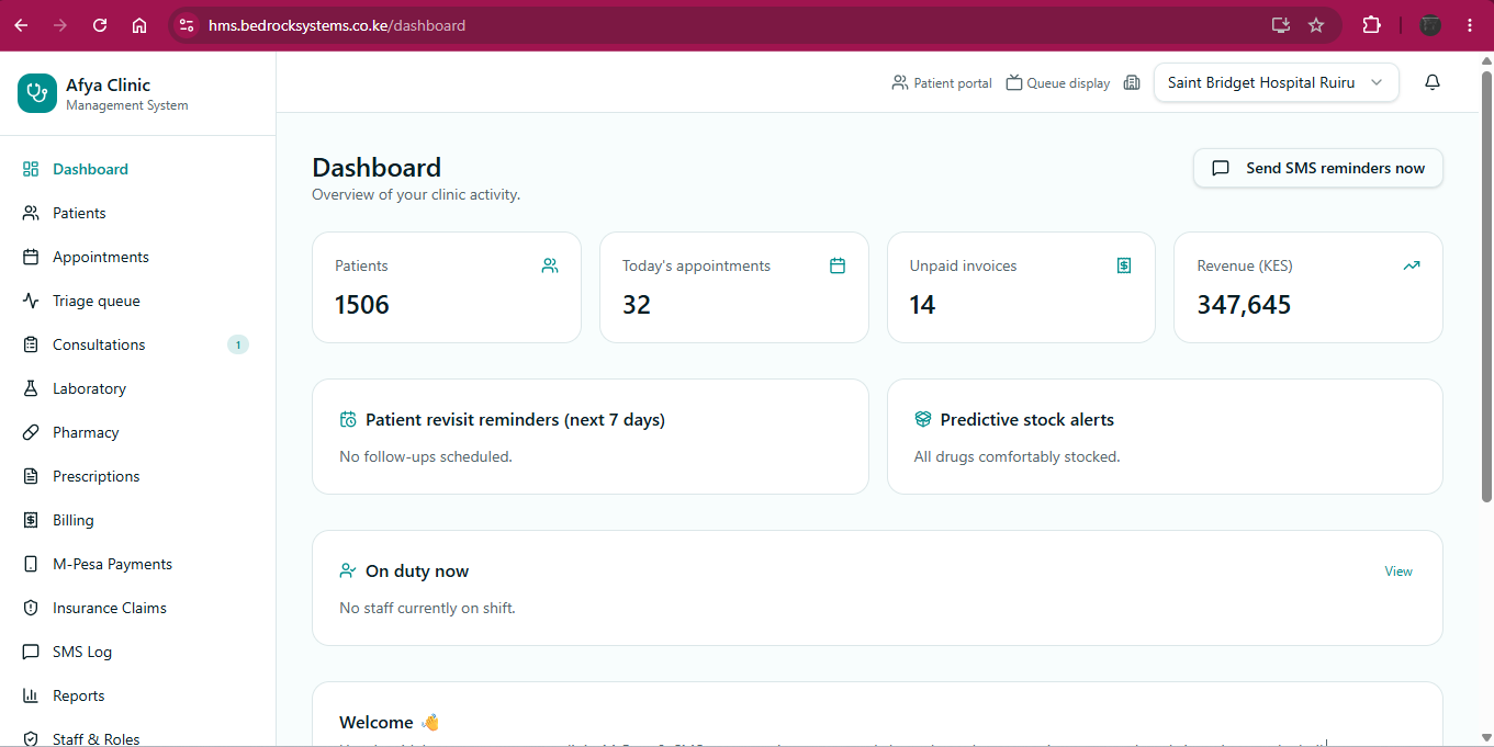 Clinic & Hospital Management System interface screenshot